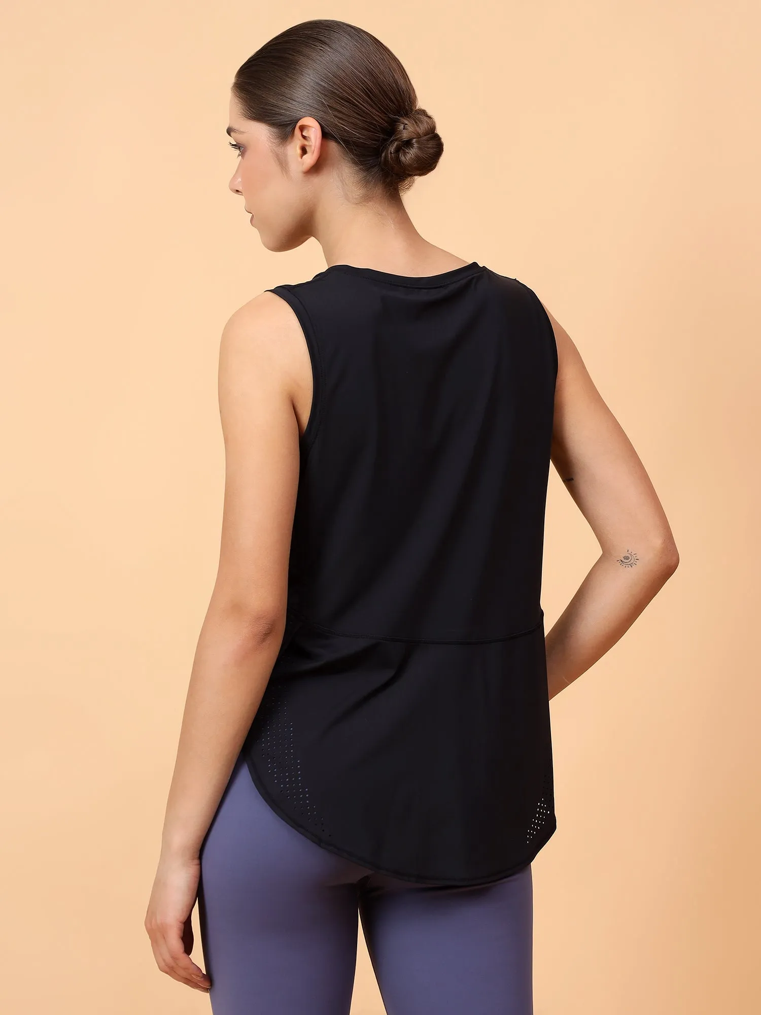 Fitkin Women Black Sleeveless Laser Cut Detail Top