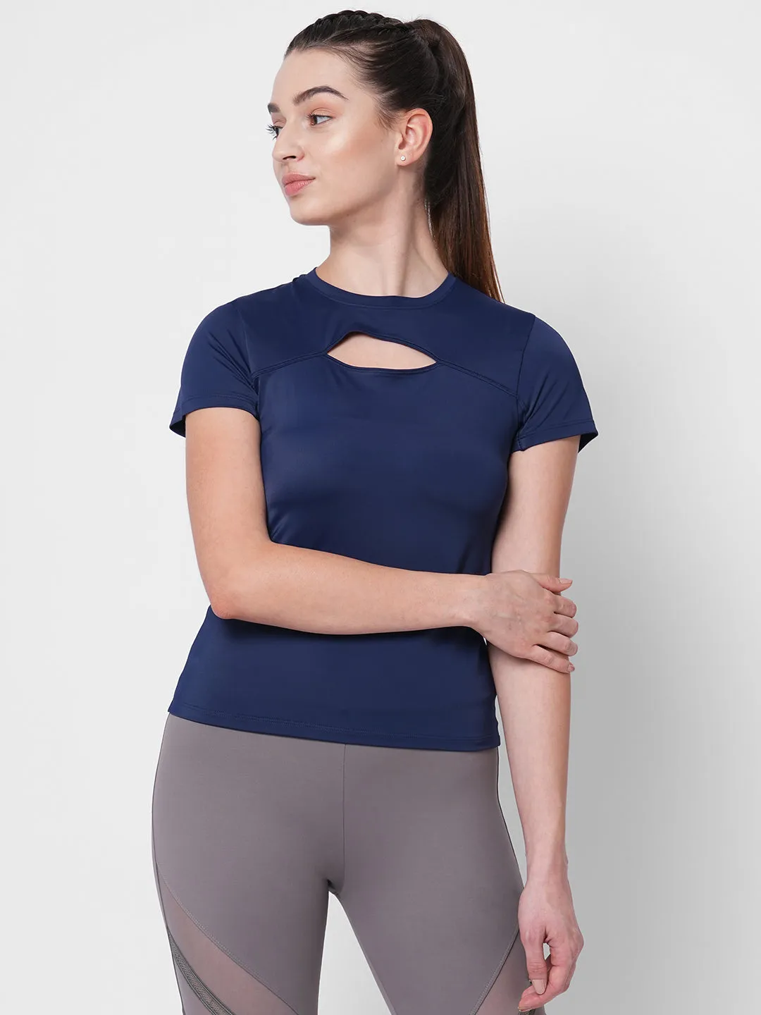 Fitkin women blue front key hole short sleeve tshirt