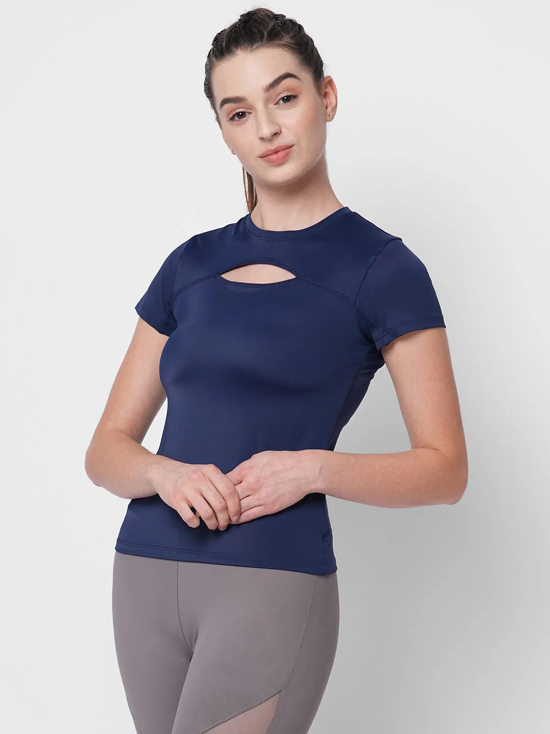 Fitkin women blue front key hole short sleeve tshirt