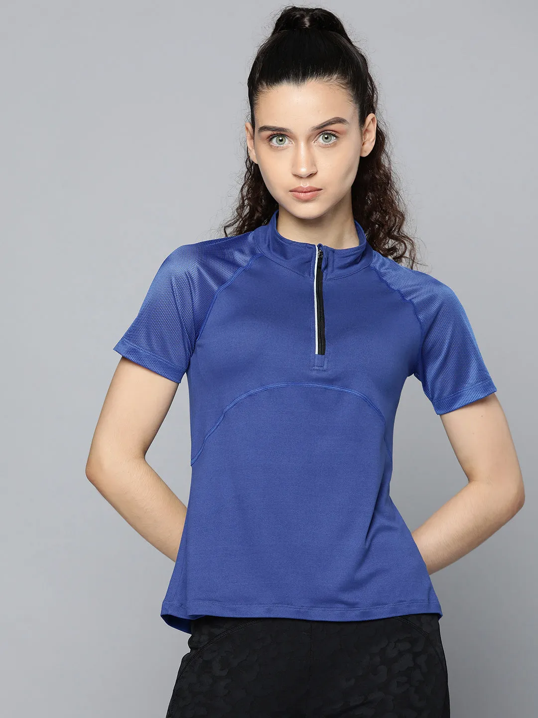 Fitkin Women Blue Solid High Neck Short Sleeve T-shirt