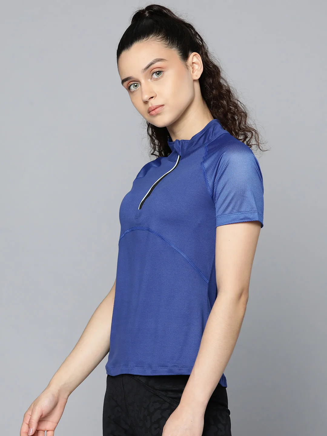 Fitkin Women Blue Solid High Neck Short Sleeve T-shirt