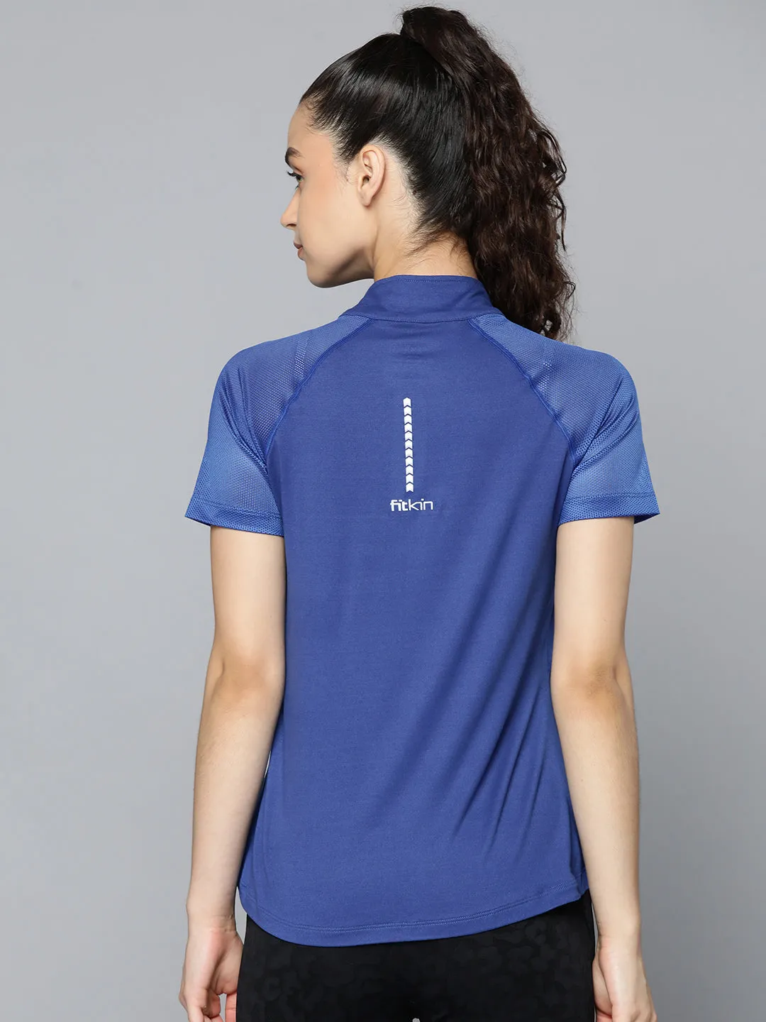Fitkin Women Blue Solid High Neck Short Sleeve T-shirt