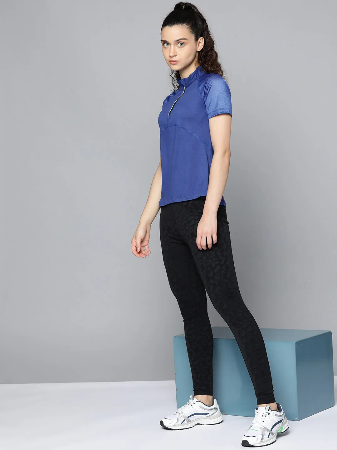 Fitkin Women Blue Solid High Neck Short Sleeve T-shirt
