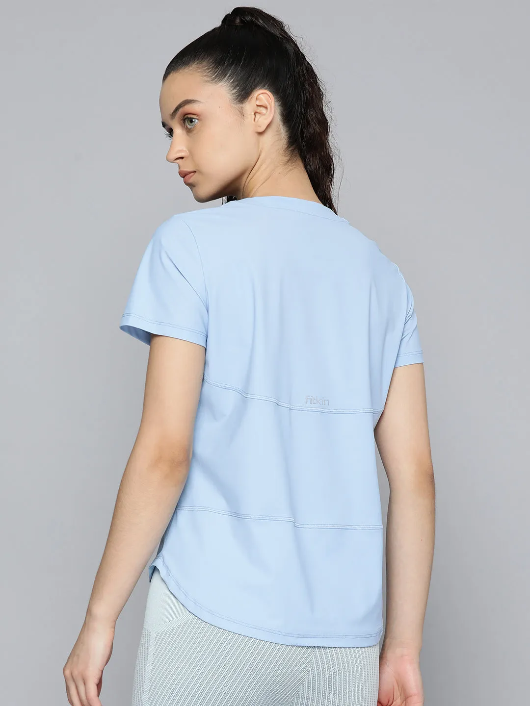 Fitkin Women Blue Solid T-shirt With Curved Hem