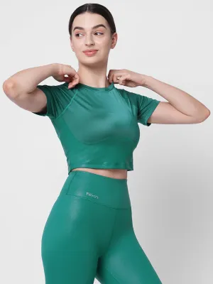 Fitkin women green short sleeve crop top with back cutout design