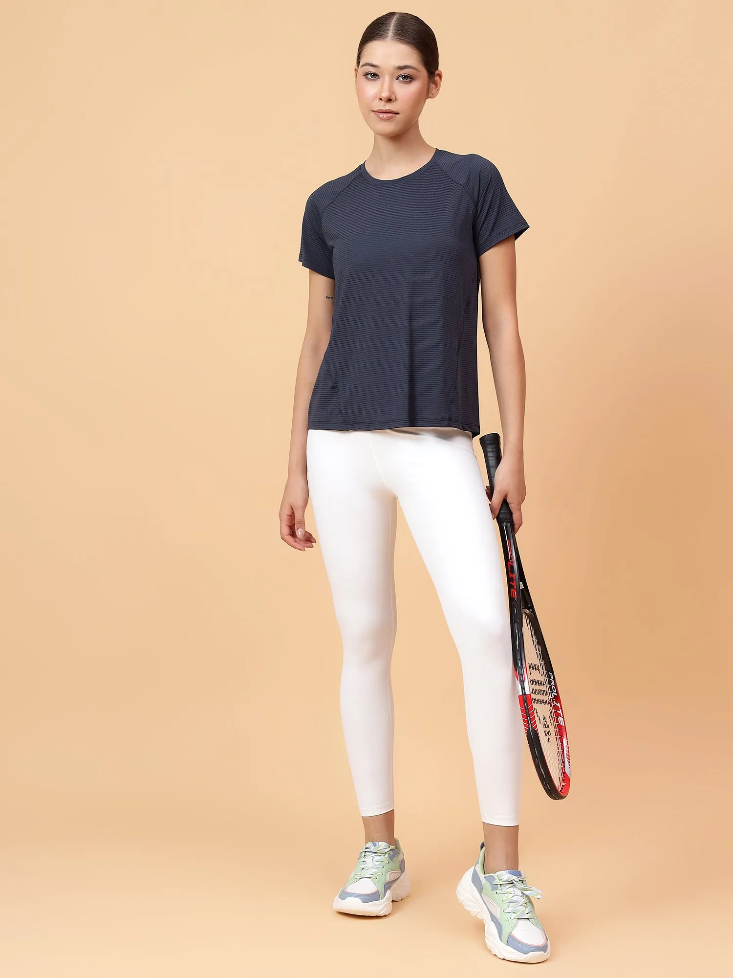 Fitkin Women Grey Self Stripe Round Neck Tshirt