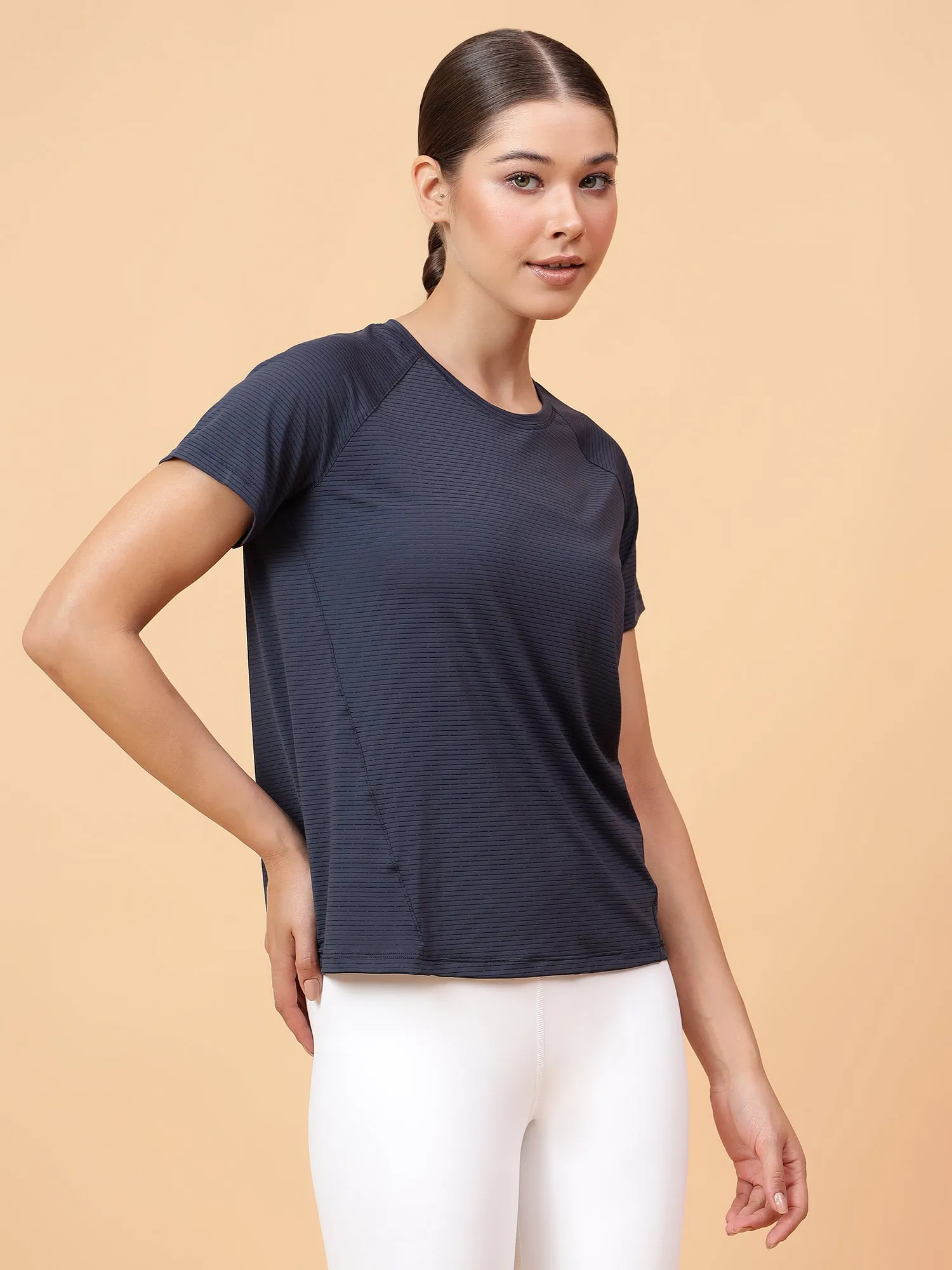 Fitkin Women Grey Self Stripe Round Neck Tshirt