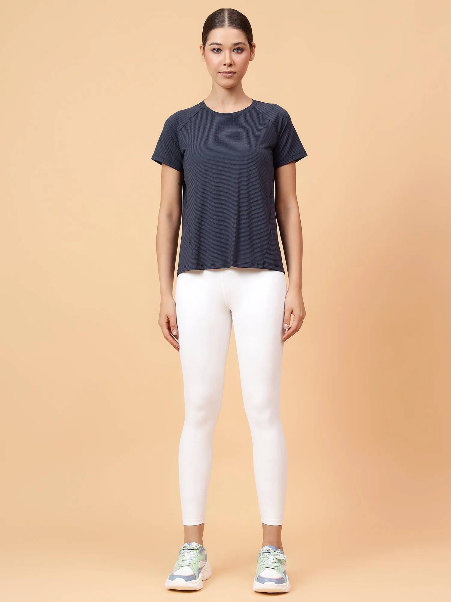 Fitkin Women Grey Self Stripe Round Neck Tshirt