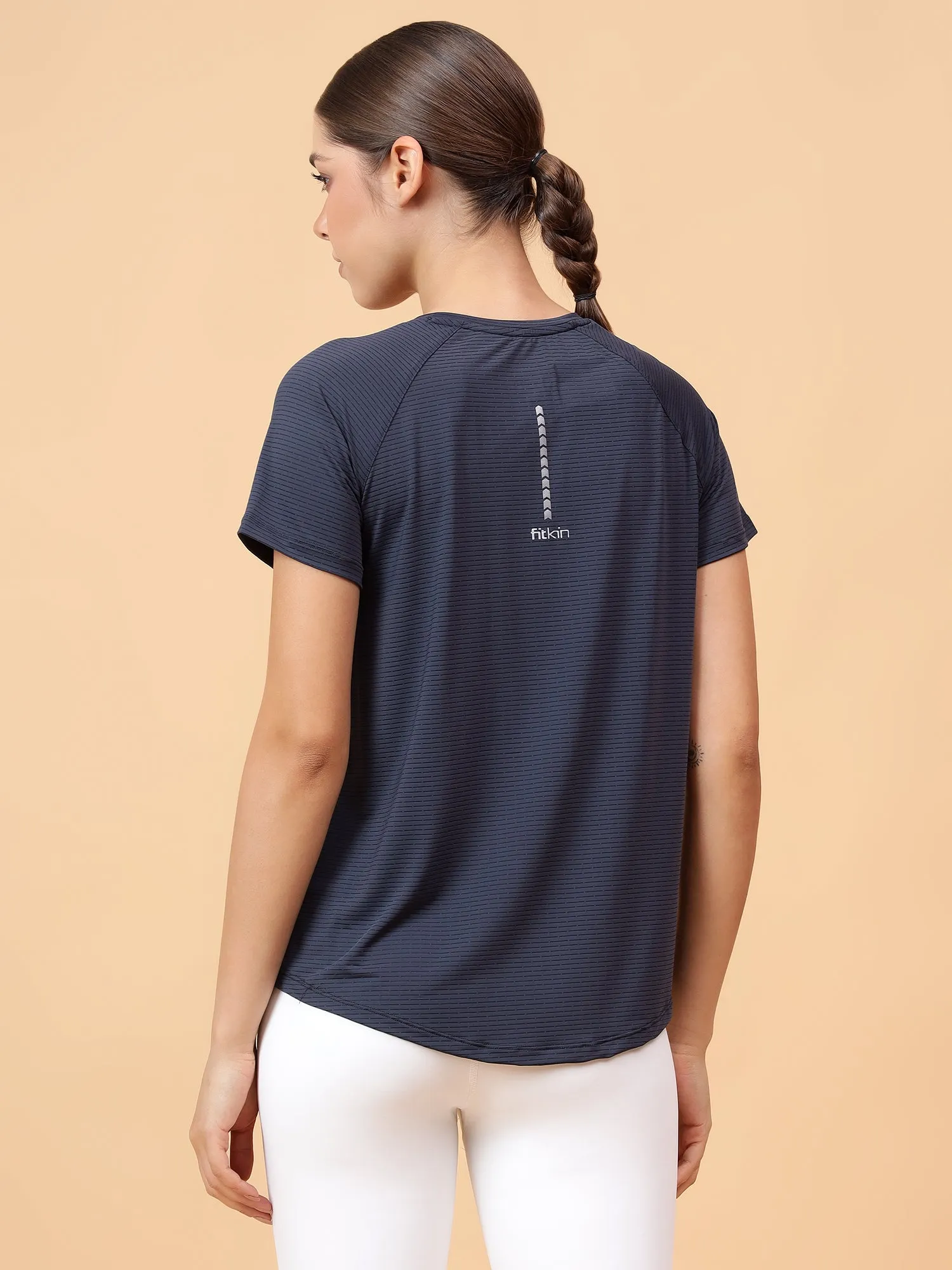 Fitkin Women Grey Self Stripe Round Neck Tshirt