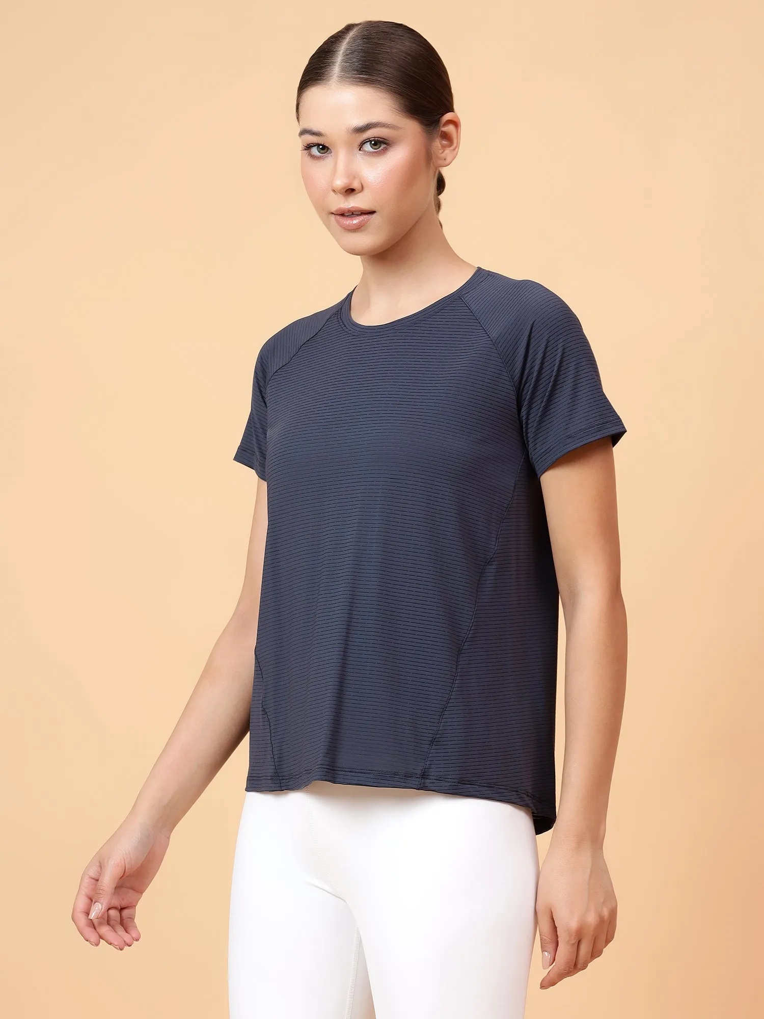 Fitkin Women Grey Self Stripe Round Neck Tshirt