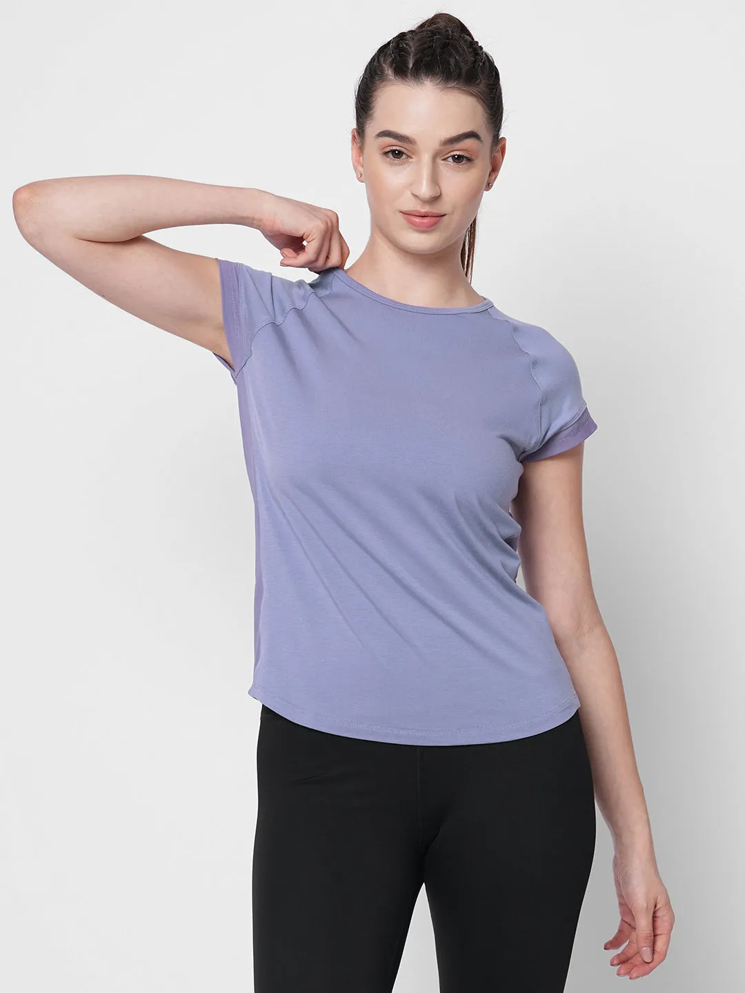 Fitkin women lavender side net panel detail tshirt