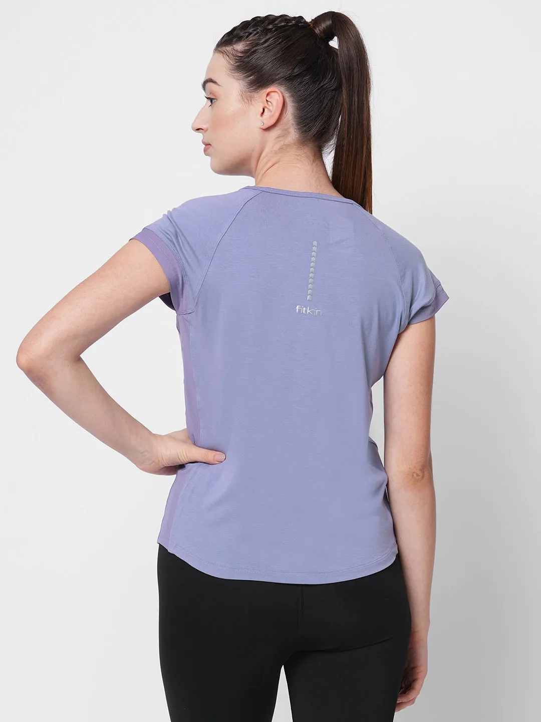 Fitkin women lavender side net panel detail tshirt