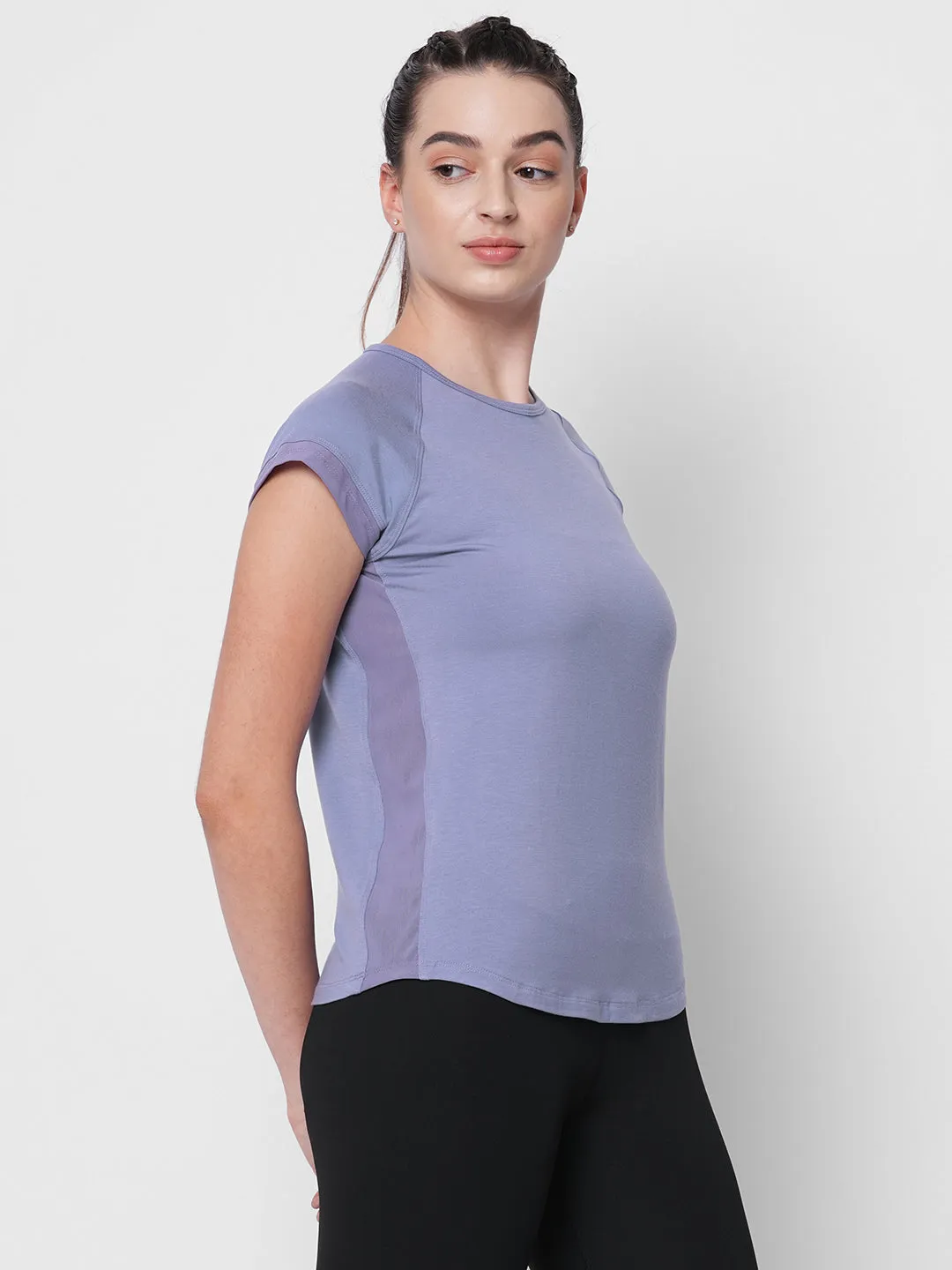 Fitkin women lavender side net panel detail tshirt