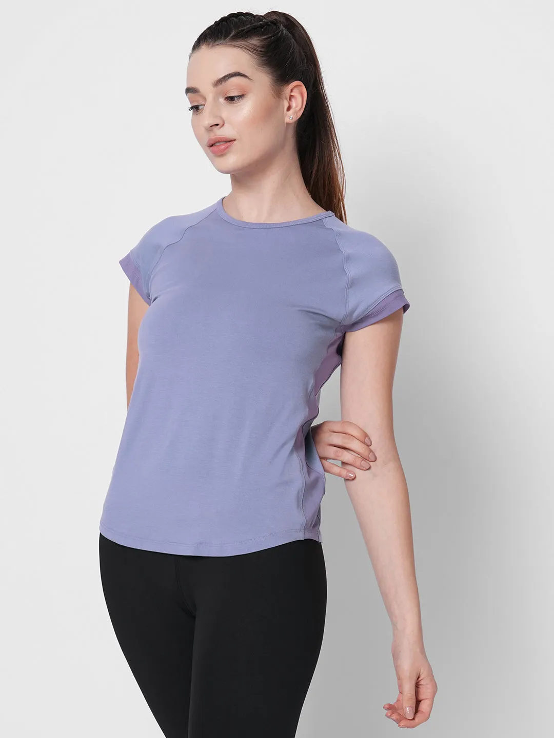 Fitkin women lavender side net panel detail tshirt