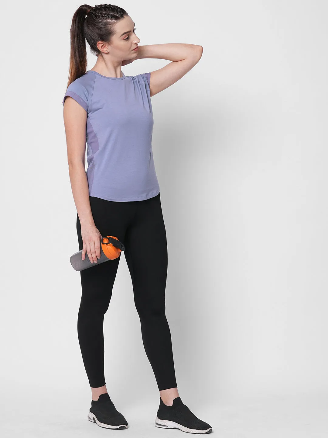 Fitkin women lavender side net panel detail tshirt
