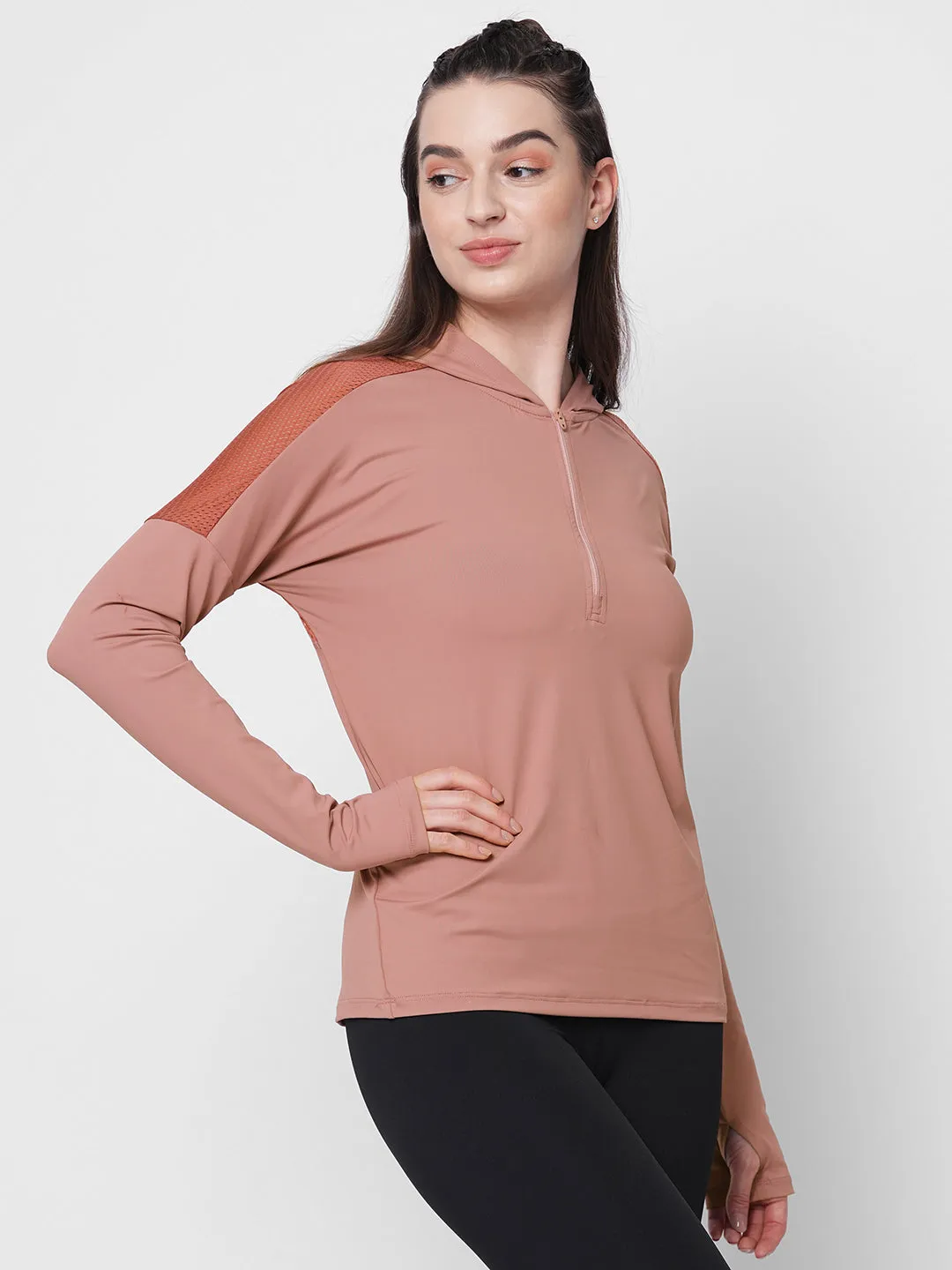 Fitkin women mauve front zipper hooded top with back mesh panel