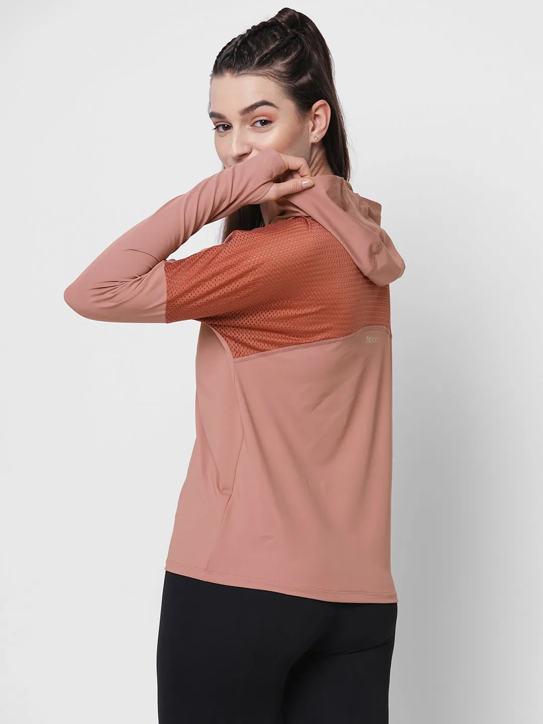Fitkin women mauve front zipper hooded top with back mesh panel
