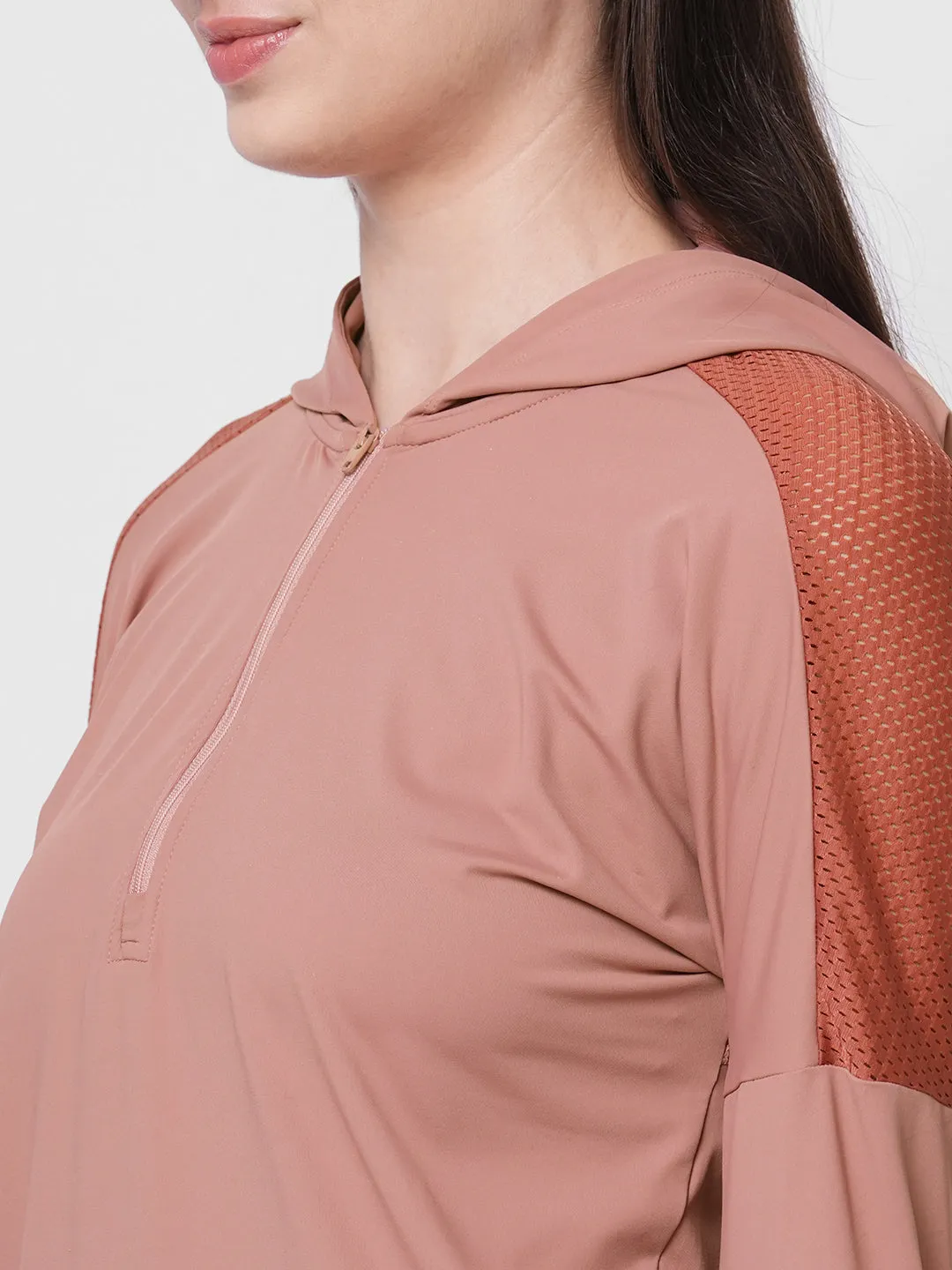 Fitkin women mauve front zipper hooded top with back mesh panel