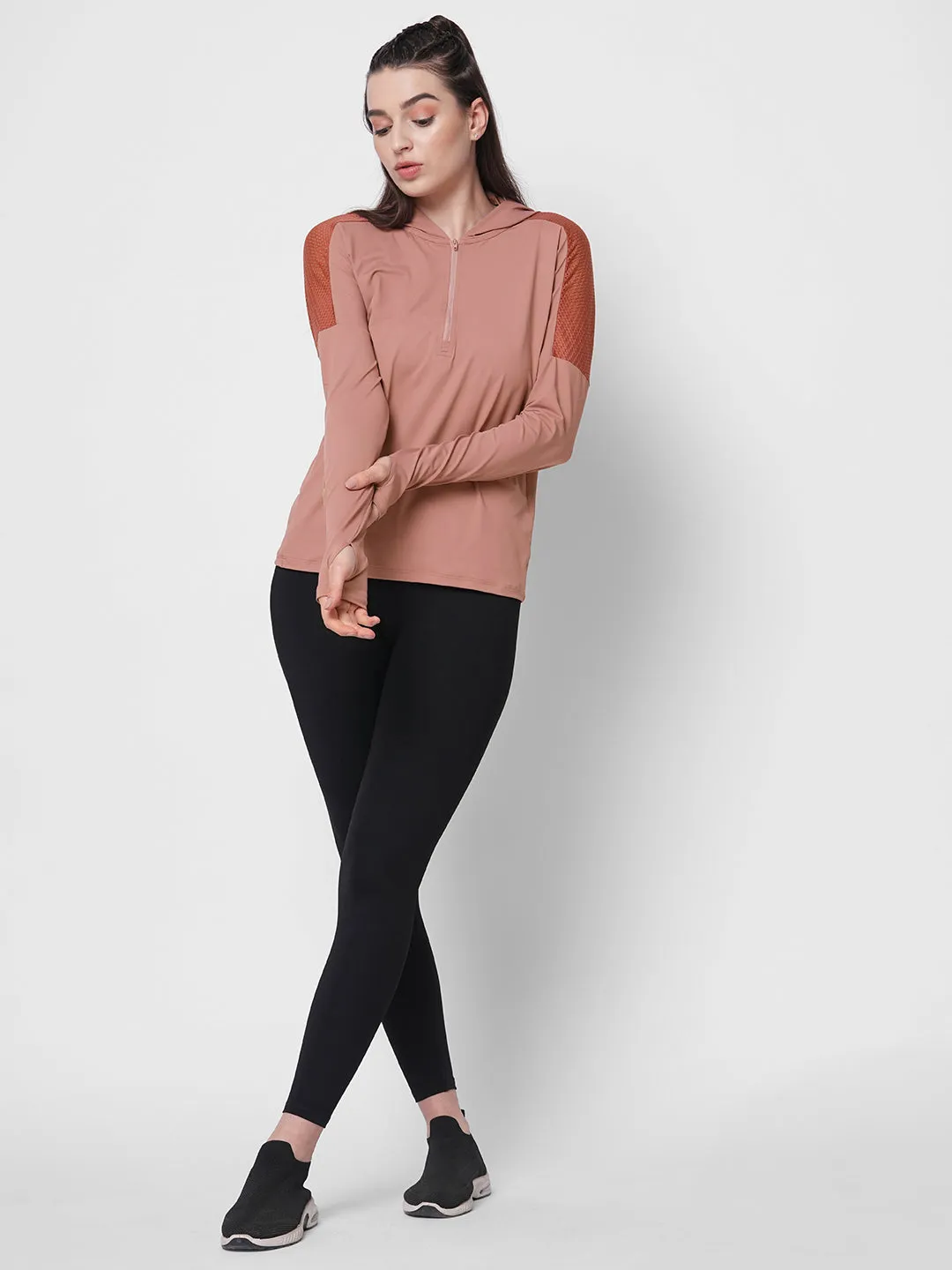 Fitkin women mauve front zipper hooded top with back mesh panel