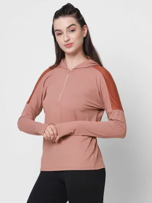 Fitkin women mauve front zipper hooded top with back mesh panel