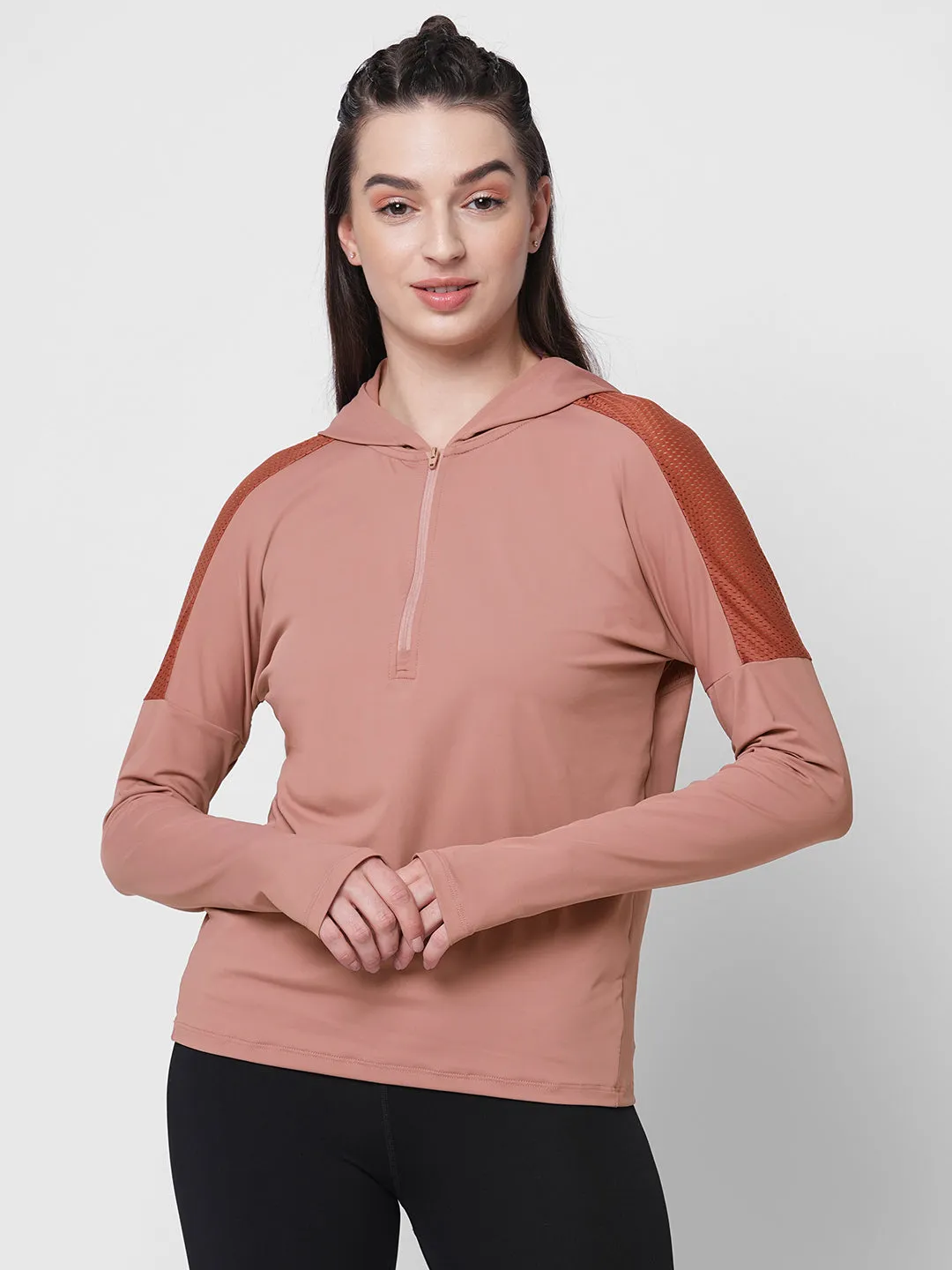 Fitkin women mauve front zipper hooded top with back mesh panel