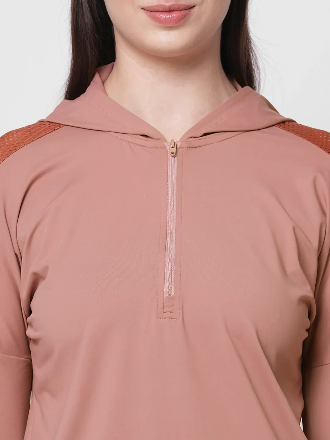 Fitkin women mauve front zipper hooded top with back mesh panel
