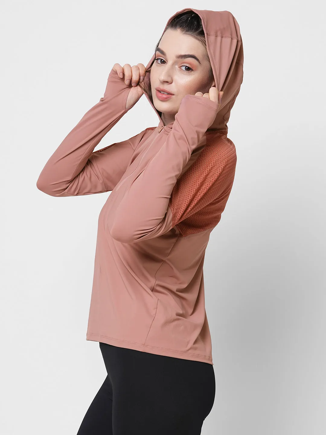 Fitkin women mauve front zipper hooded top with back mesh panel