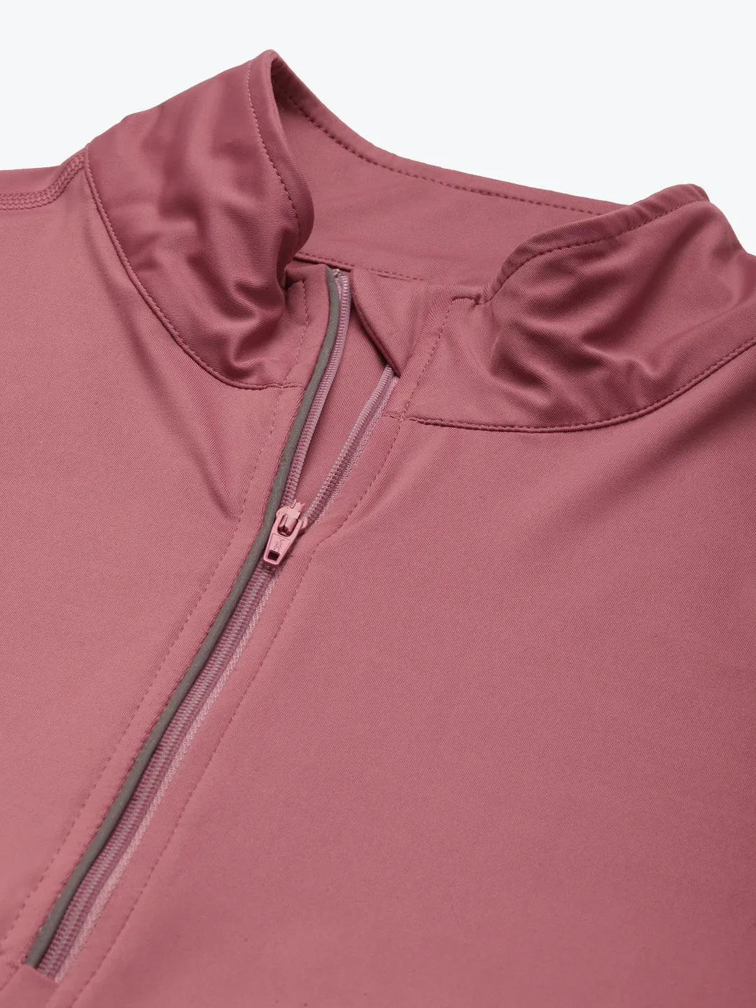 Fitkin Women Mauve Solid Front Zipper High Neck T-shirt