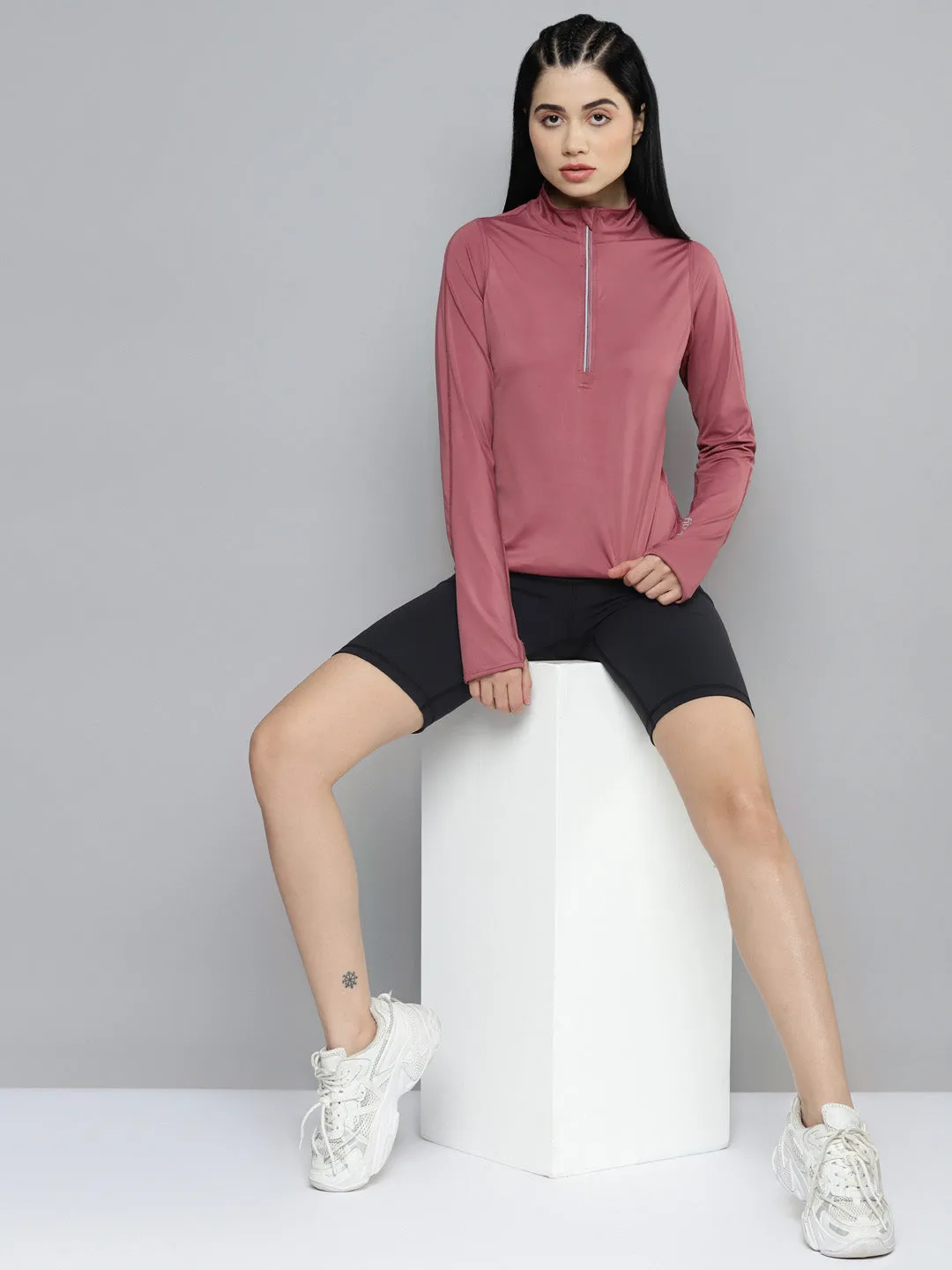 Fitkin Women Mauve Solid Front Zipper High Neck T-shirt