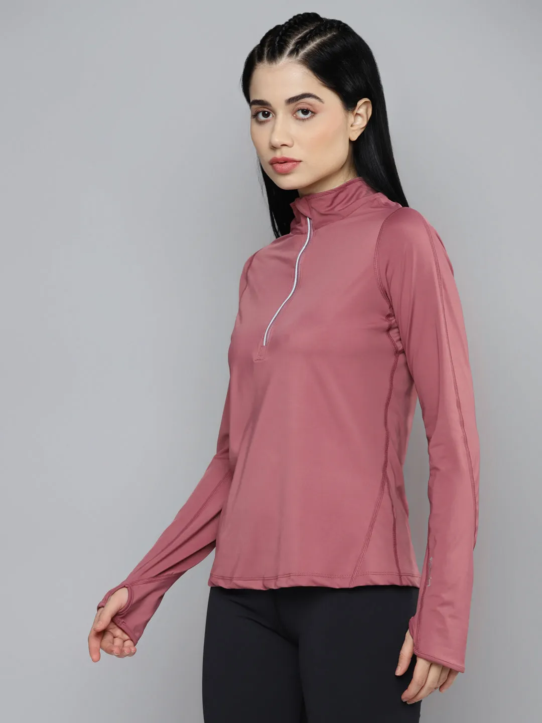 Fitkin Women Mauve Solid Front Zipper High Neck T-shirt