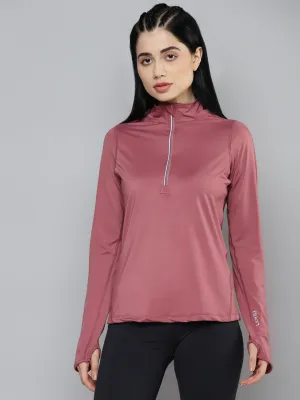 Fitkin Women Mauve Solid Front Zipper High Neck T-shirt