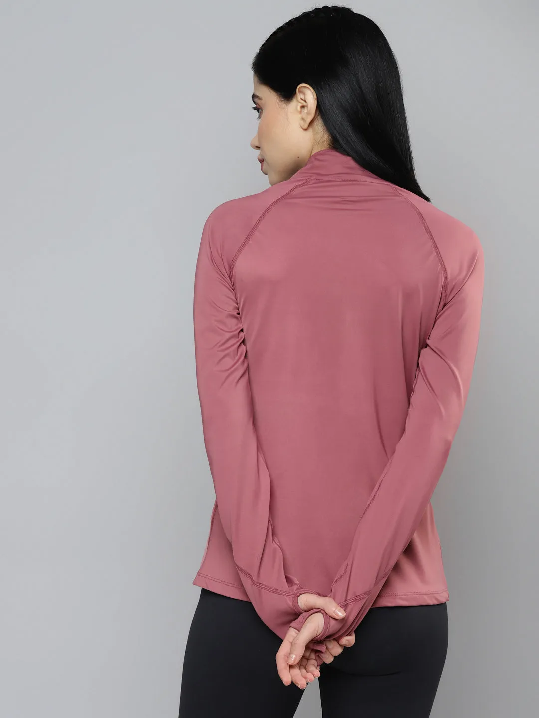 Fitkin Women Mauve Solid Front Zipper High Neck T-shirt