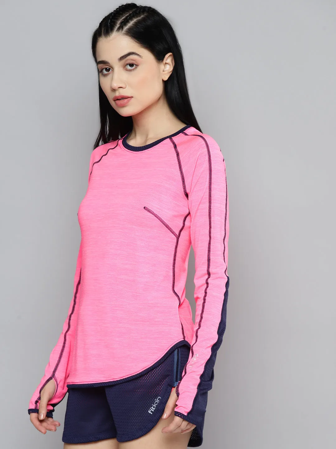 Fitkin Women Pink Colourblocked Dry Fit Running T-shirt
