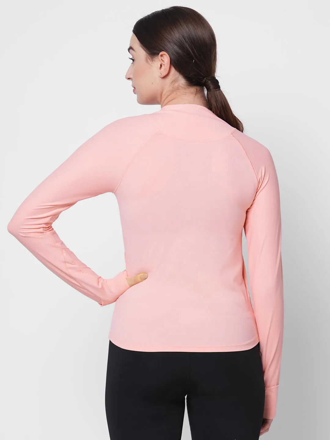 Fitkin women pink front zipper long sleeve tshirt with front pockets