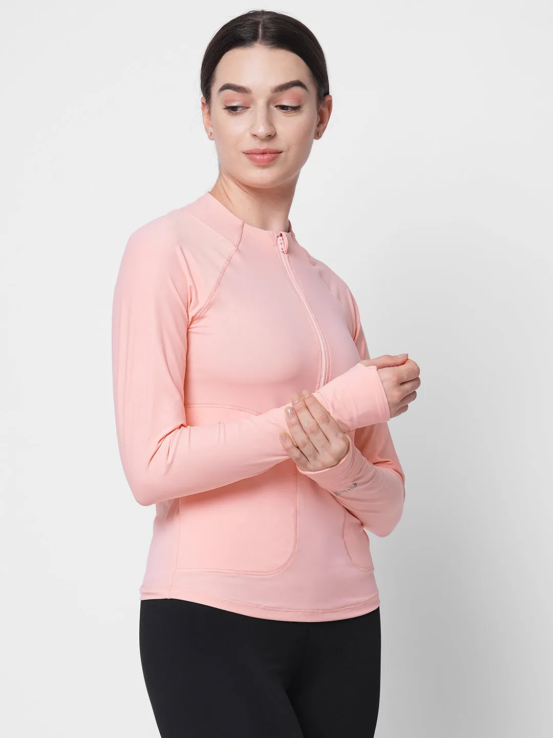 Fitkin women pink front zipper long sleeve tshirt with front pockets