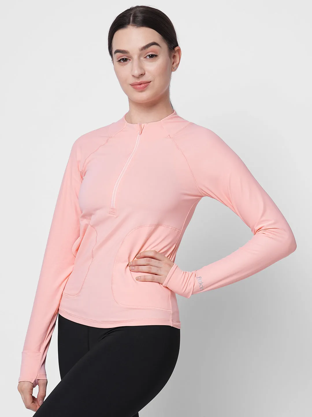 Fitkin women pink front zipper long sleeve tshirt with front pockets