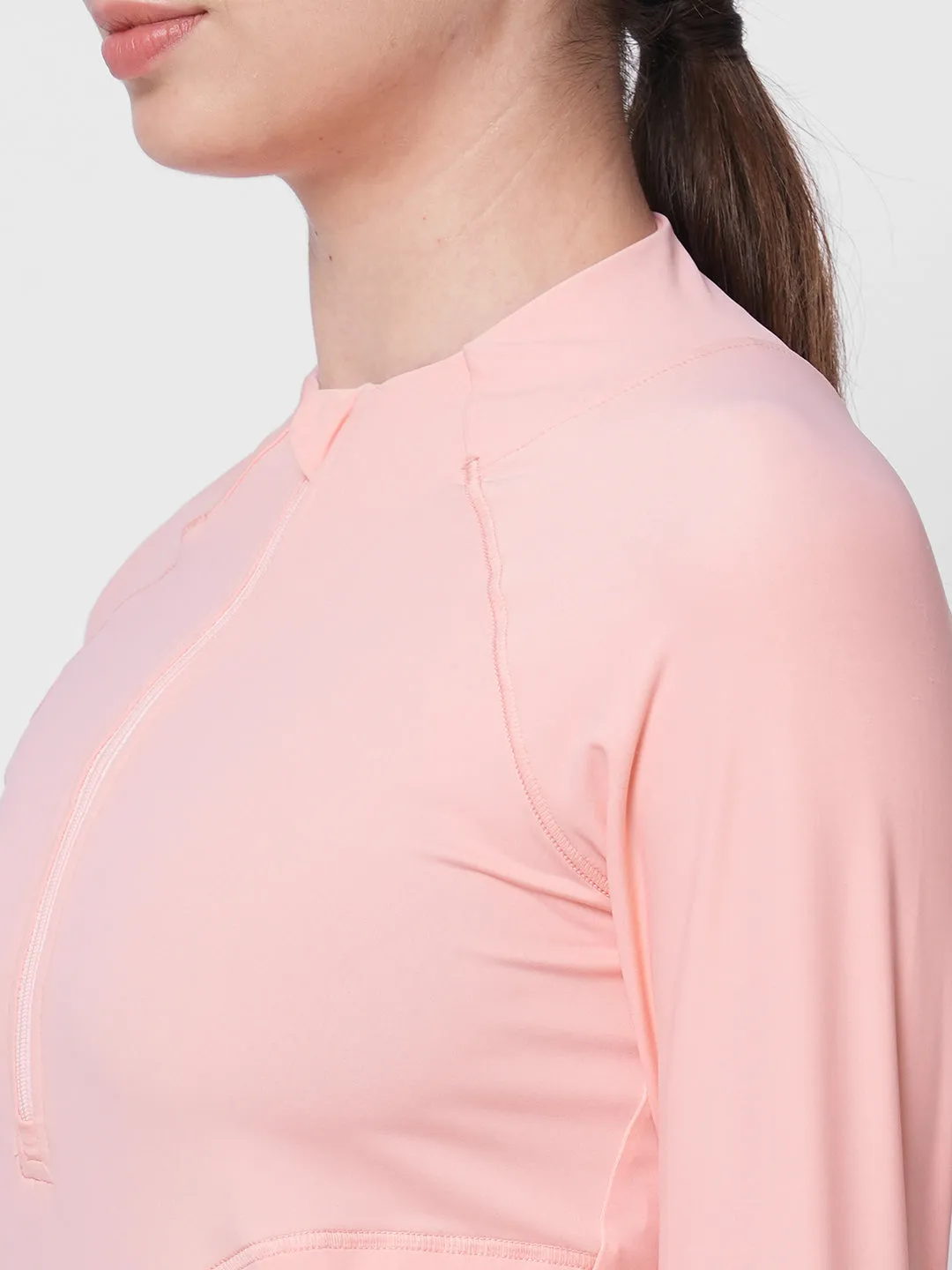 Fitkin women pink front zipper long sleeve tshirt with front pockets