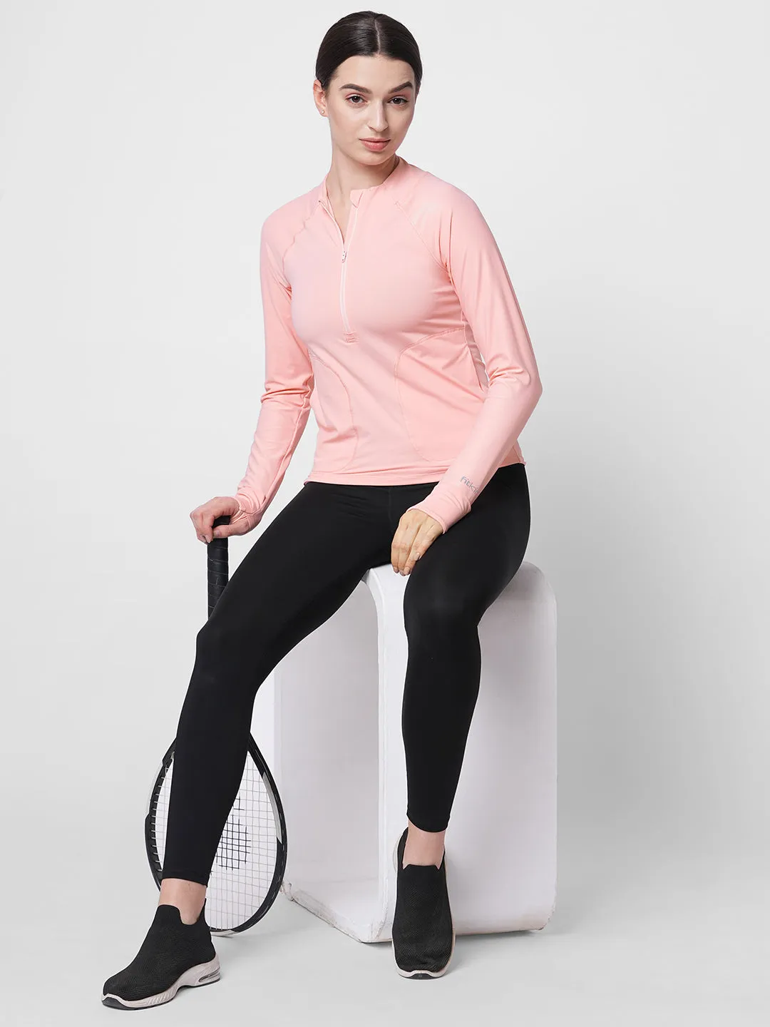 Fitkin women pink front zipper long sleeve tshirt with front pockets