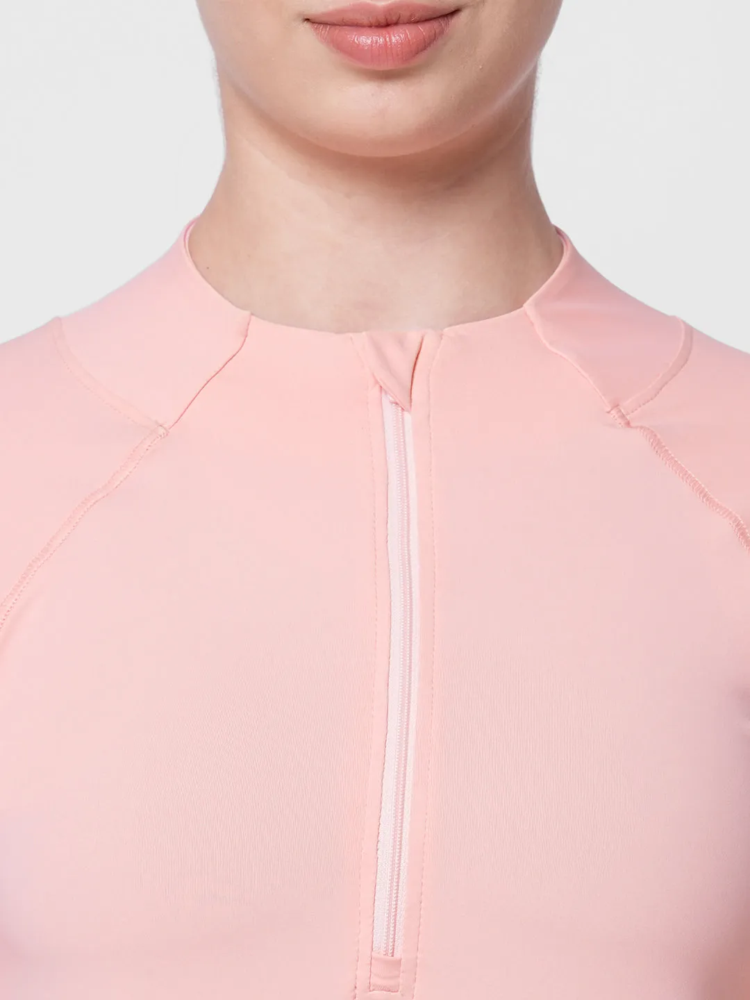 Fitkin women pink front zipper long sleeve tshirt with front pockets