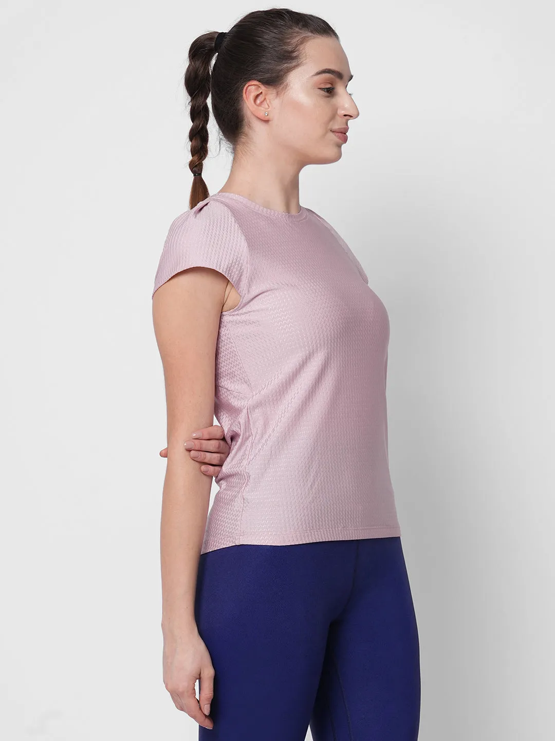 Fitkin women pink self design tshirt with back keyhole design