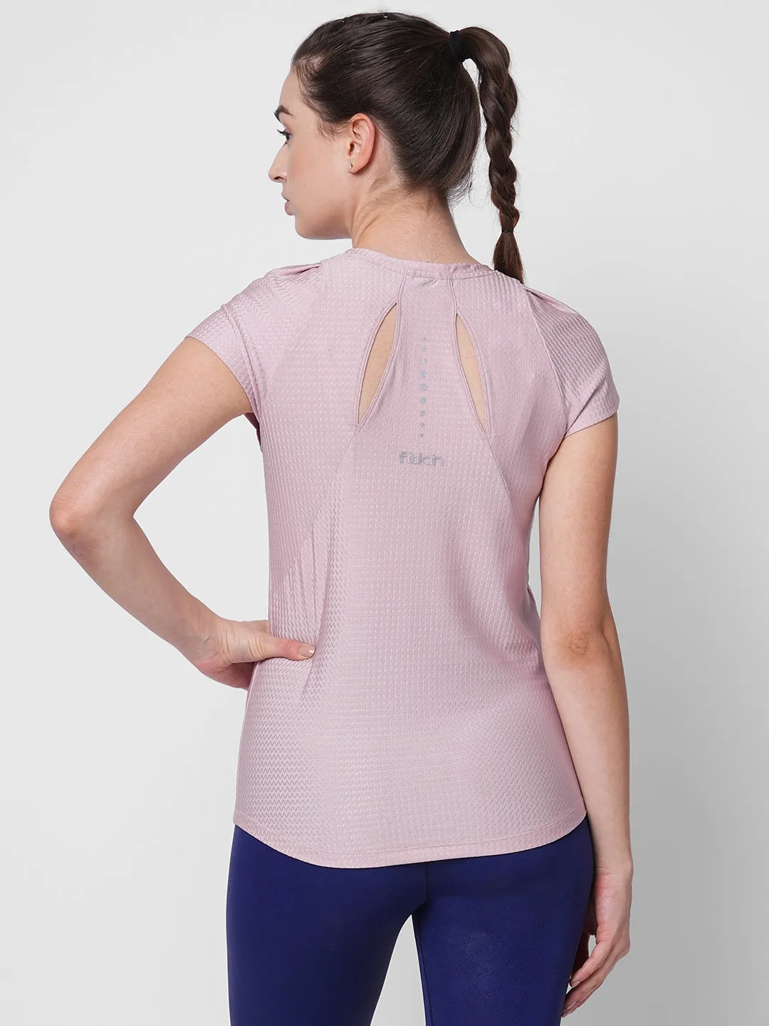 Fitkin women pink self design tshirt with back keyhole design