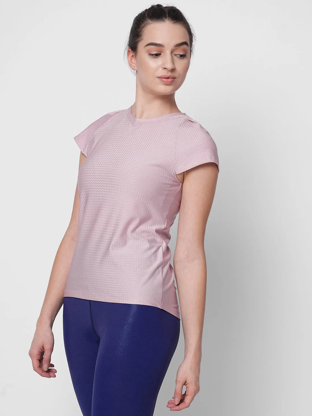 Fitkin women pink self design tshirt with back keyhole design