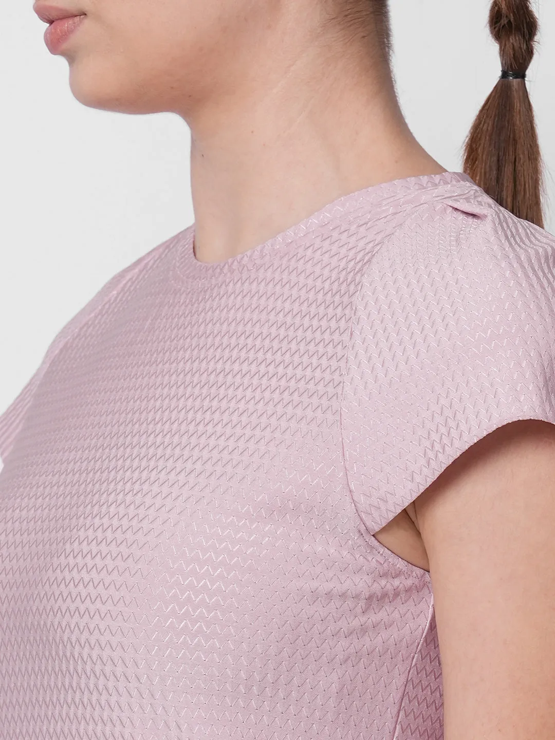 Fitkin women pink self design tshirt with back keyhole design