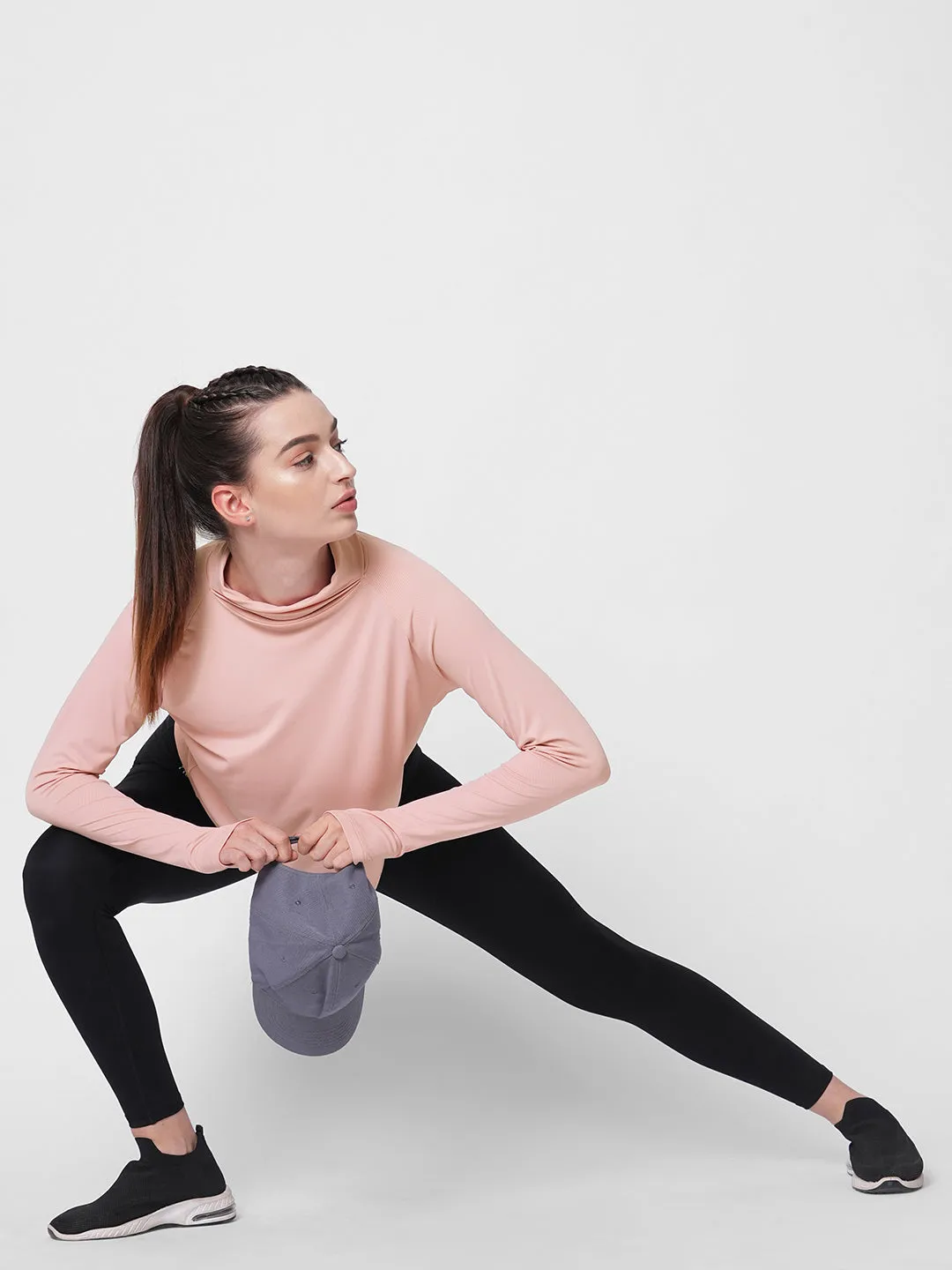 Fitkin women pink self design turtle neck long sleeve top
