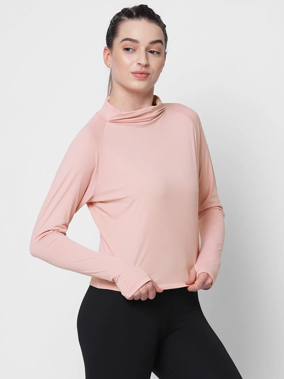 Fitkin women pink self design turtle neck long sleeve top