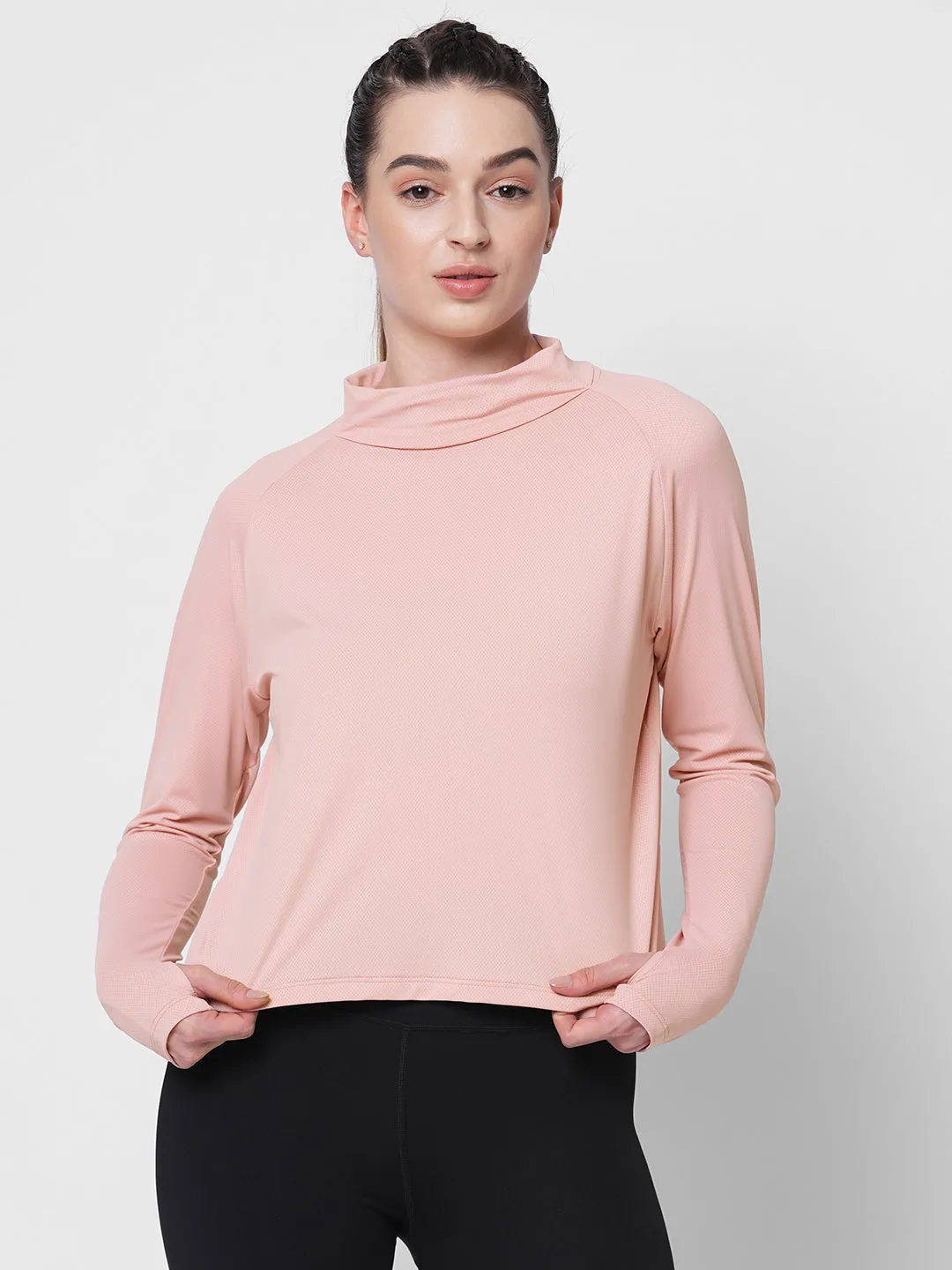 Fitkin women pink self design turtle neck long sleeve top
