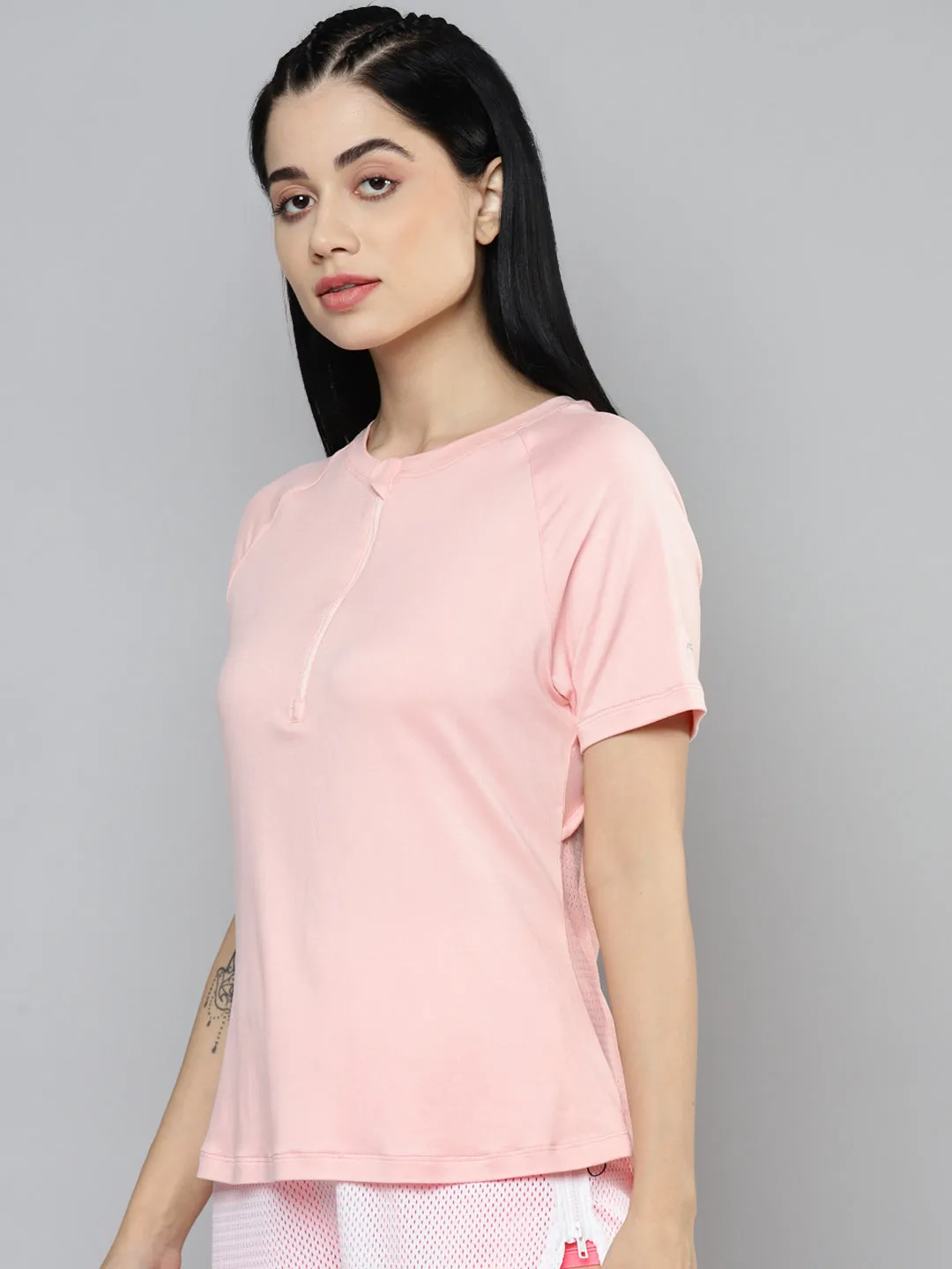 Fitkin Women Pink Solid Front Zipper High Neck T-shirt