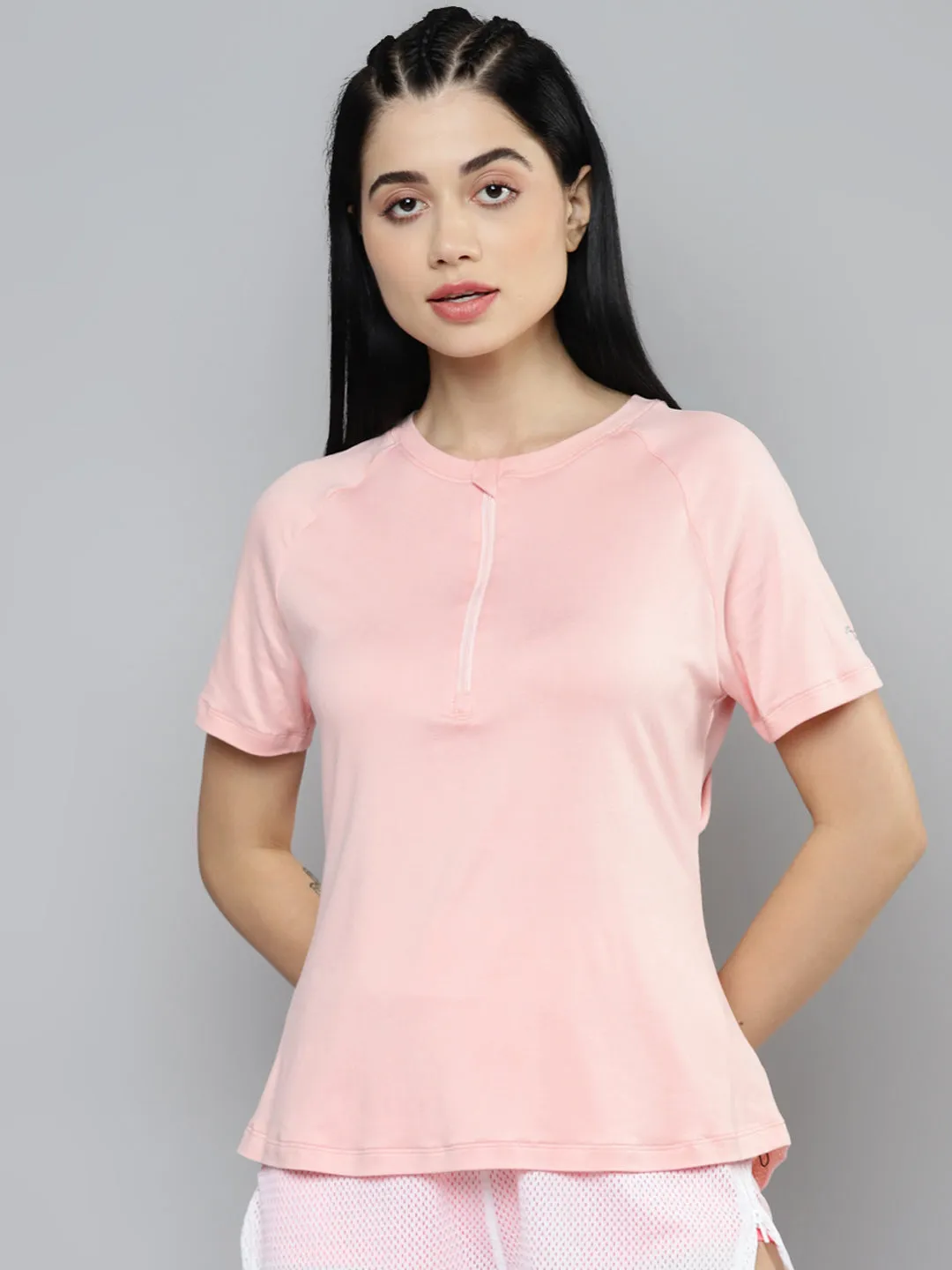 Fitkin Women Pink Solid Front Zipper High Neck T-shirt