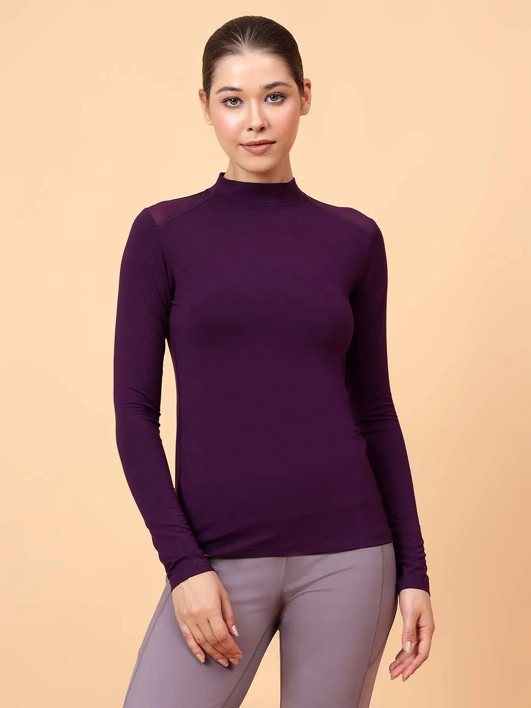 Fitkin Women Purple Shoulder Net Panel Tshirt