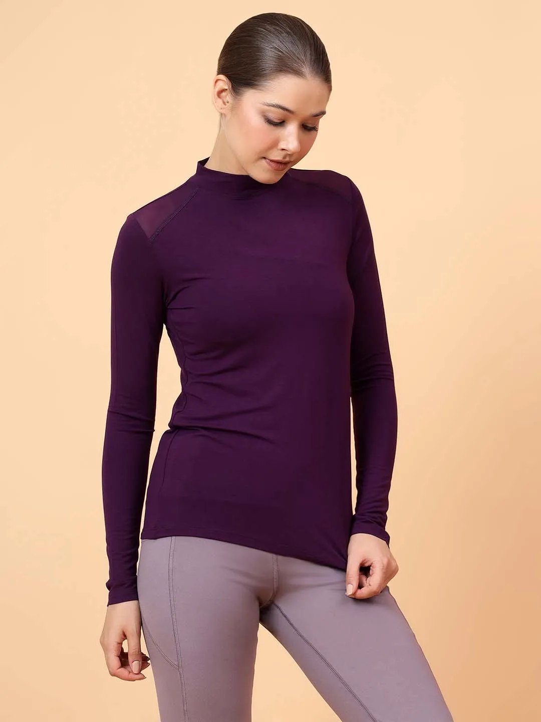 Fitkin Women Purple Shoulder Net Panel Tshirt